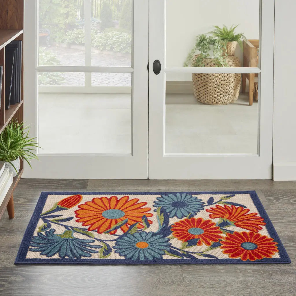 3' X 4' Ivory Orange and Blue Floral Indoor Outdoor Area Rug Homeroots Outdoor