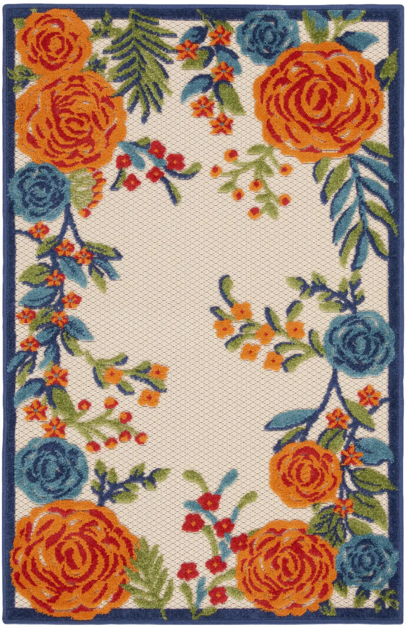 3' X 4' Ivory Orange and Blue Floral Indoor Outdoor Area Rug Homeroots Outdoor