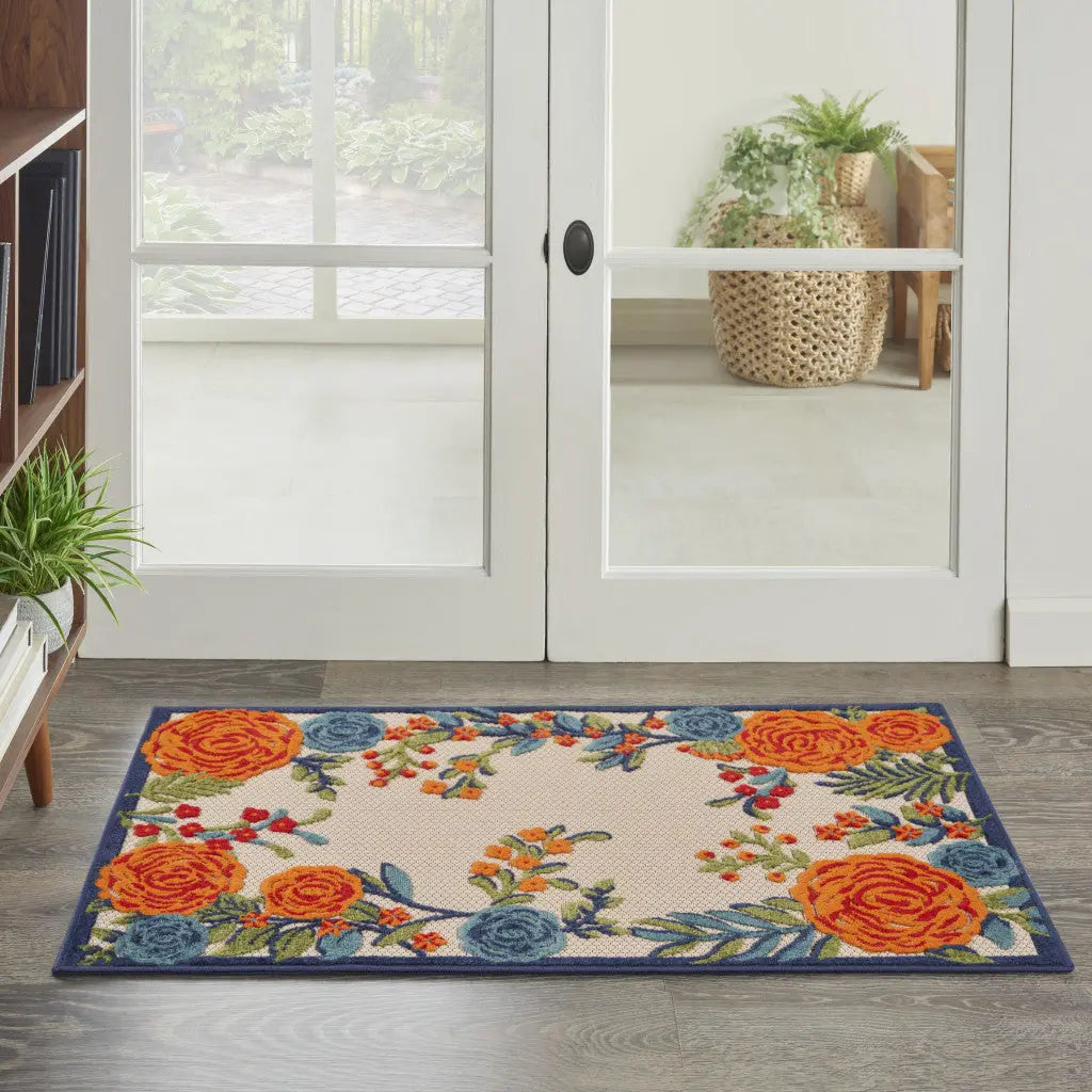 3' X 4' Ivory Orange and Blue Floral Indoor Outdoor Area Rug Homeroots Outdoor