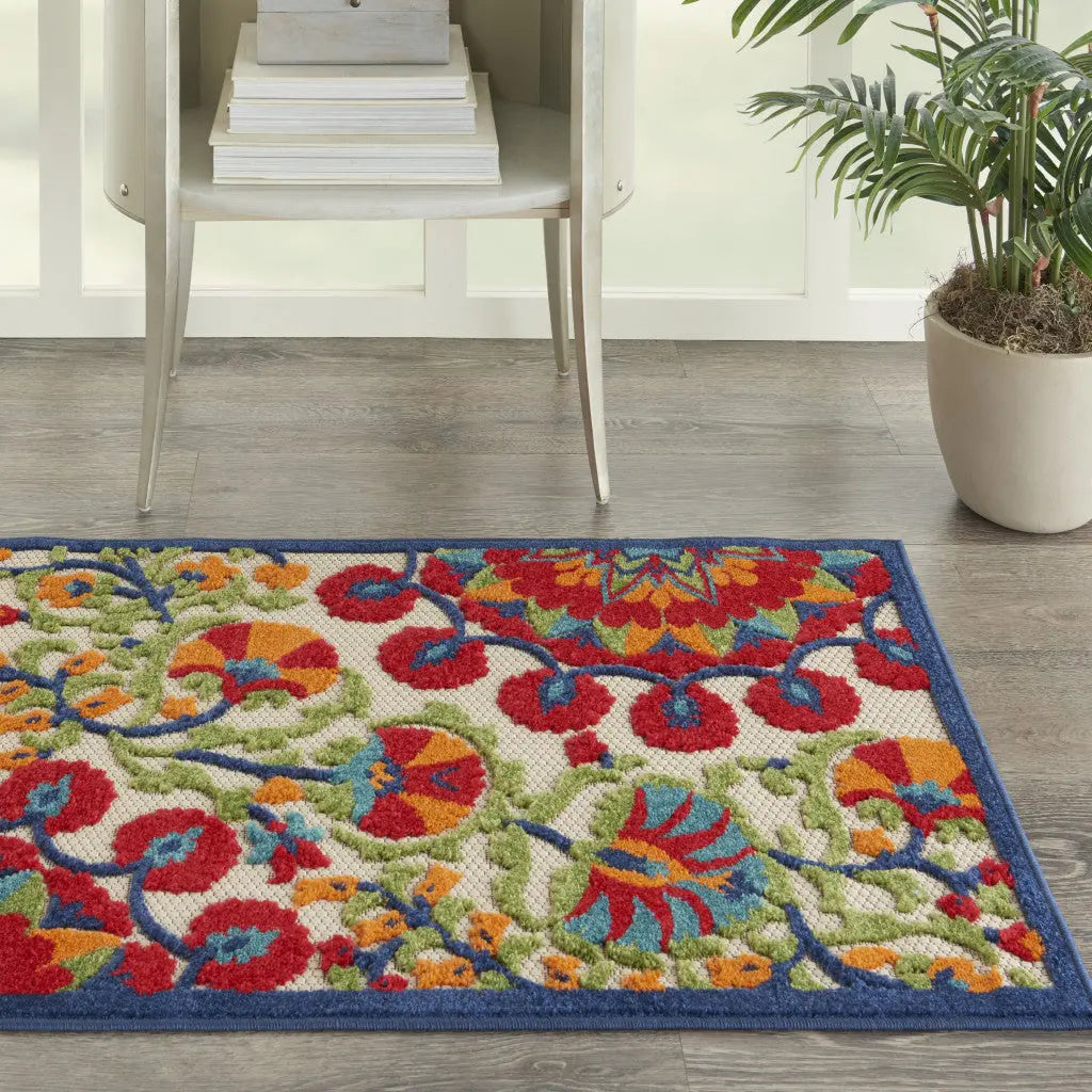 3' X 4' Red And Ivory Floral Indoor Outdoor Area Rug - GreatEagleInc
