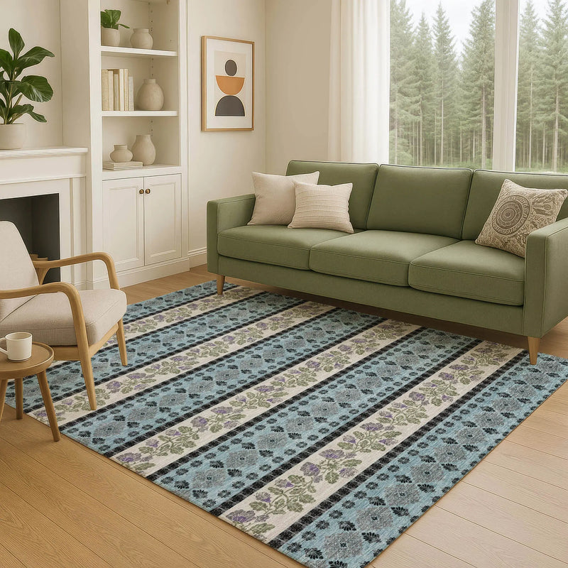 3' X 5' Aqua And Charcoal Striped Washable Indoor Outdoor Area Rug Homeroots Outdoor