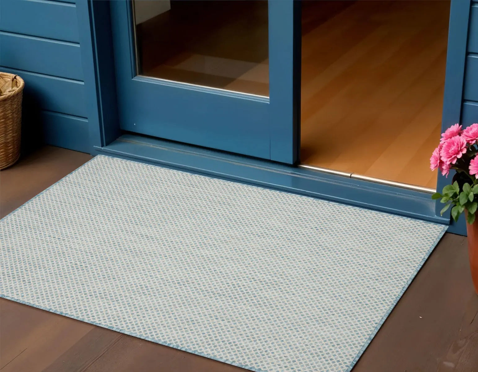 3' X 5' Aqua And Ivory Geometric Indoor Outdoor Area Rug Homeroots Outdoor