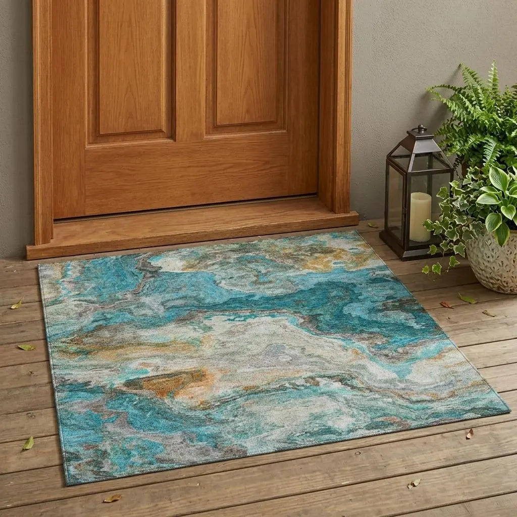 3' X 5' Aqua And Teal Blue Abstract Washable Indoor Outdoor Area Rug Homeroots Outdoor