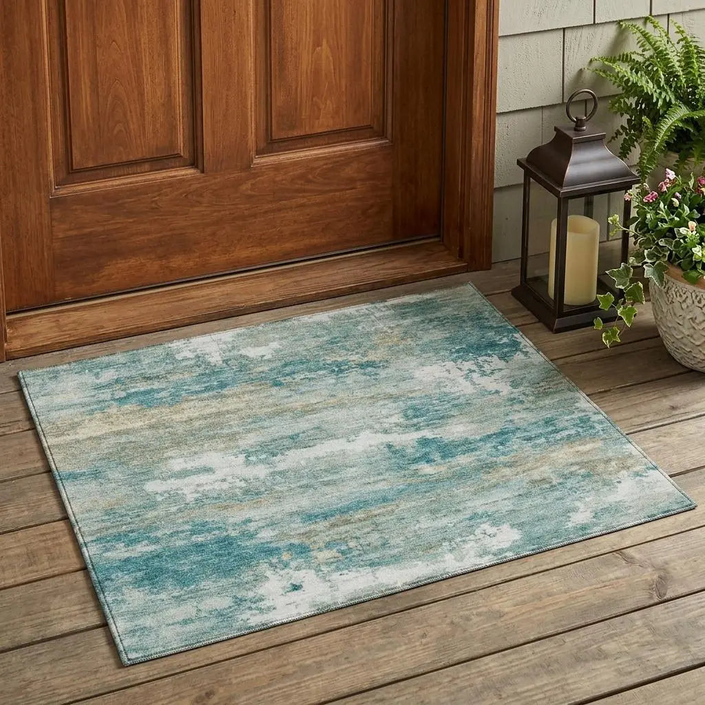 3' X 5' Aqua And Teal Blue Abstract Washable Indoor Outdoor Area Rug Homeroots Outdoor