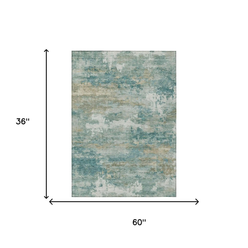 3' X 5' Aqua And Teal Blue Abstract Washable Indoor Outdoor Area Rug Homeroots Outdoor