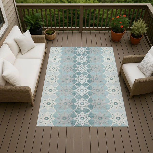 3' X 5' Aqua And Teal Blue Floral Medallion Washable Indoor Outdoor Area Rug Homeroots Outdoor