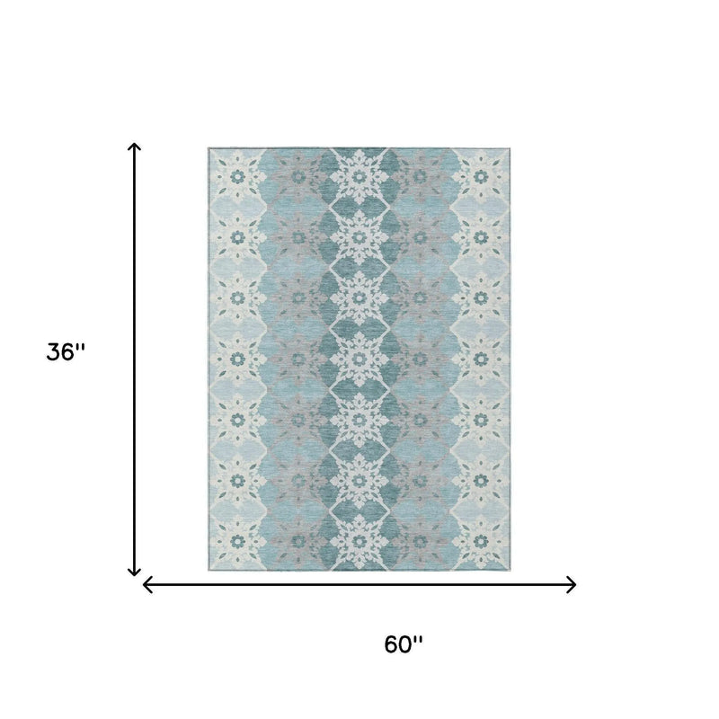 3' X 5' Aqua And Teal Blue Floral Medallion Washable Indoor Outdoor Area Rug Homeroots Outdoor