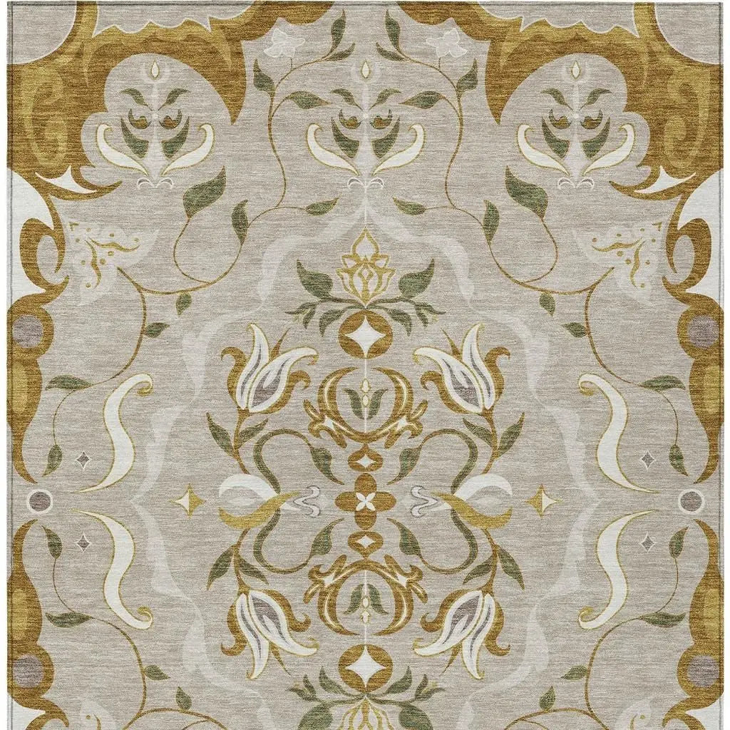3' X 5' Beige And Brown Damask Washable Indoor Outdoor Area Rug Homeroots Outdoor