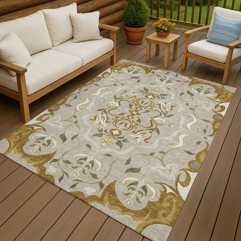 3' X 5' Beige And Brown Damask Washable Indoor Outdoor Area Rug Homeroots Outdoor