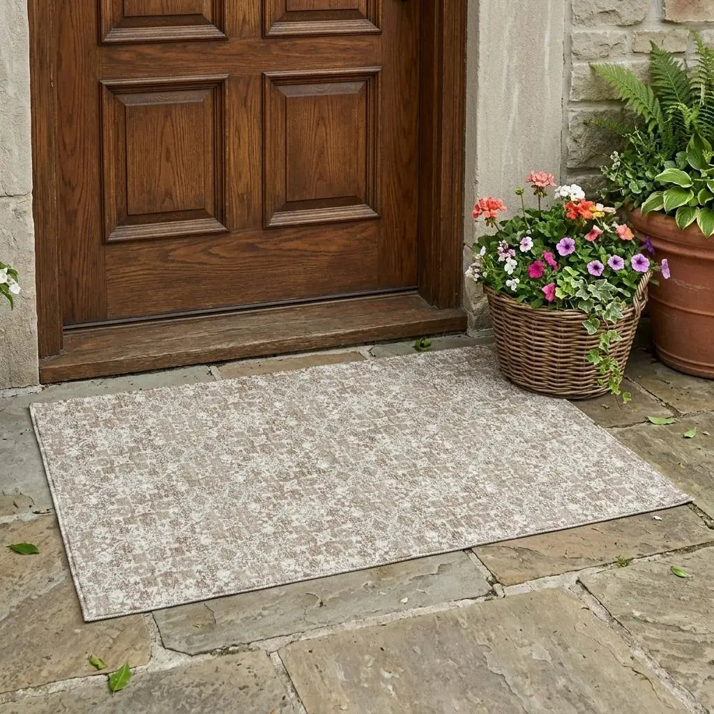 3' X 5' Beige And Brown Damask Washable Indoor Outdoor Area Rug Homeroots Outdoor