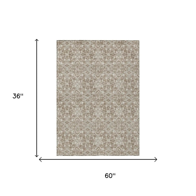 3' X 5' Beige And Brown Damask Washable Indoor Outdoor Area Rug Homeroots Outdoor