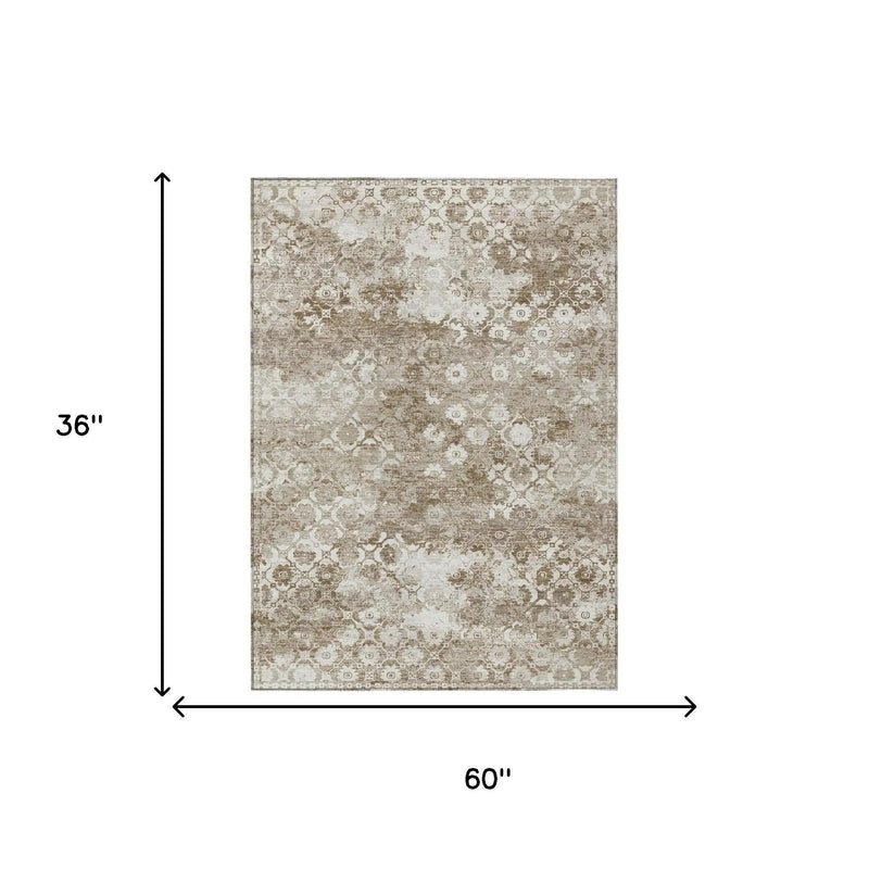 3' X 5' Beige And Brown Floral Medallion Washable Indoor Outdoor Area Rug Homeroots Outdoor