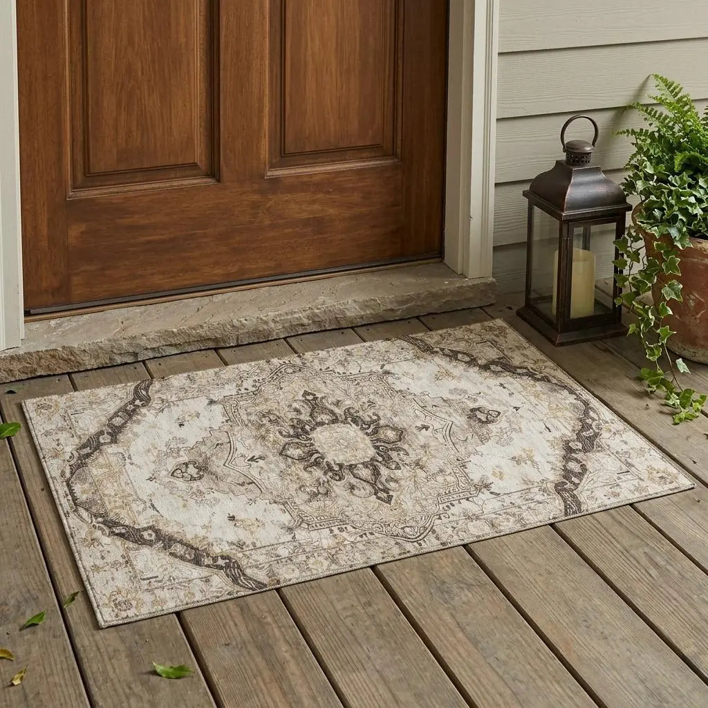 3' X 5' Beige And Brown Floral Medallion Washable Indoor Outdoor Area Rug Homeroots Outdoor