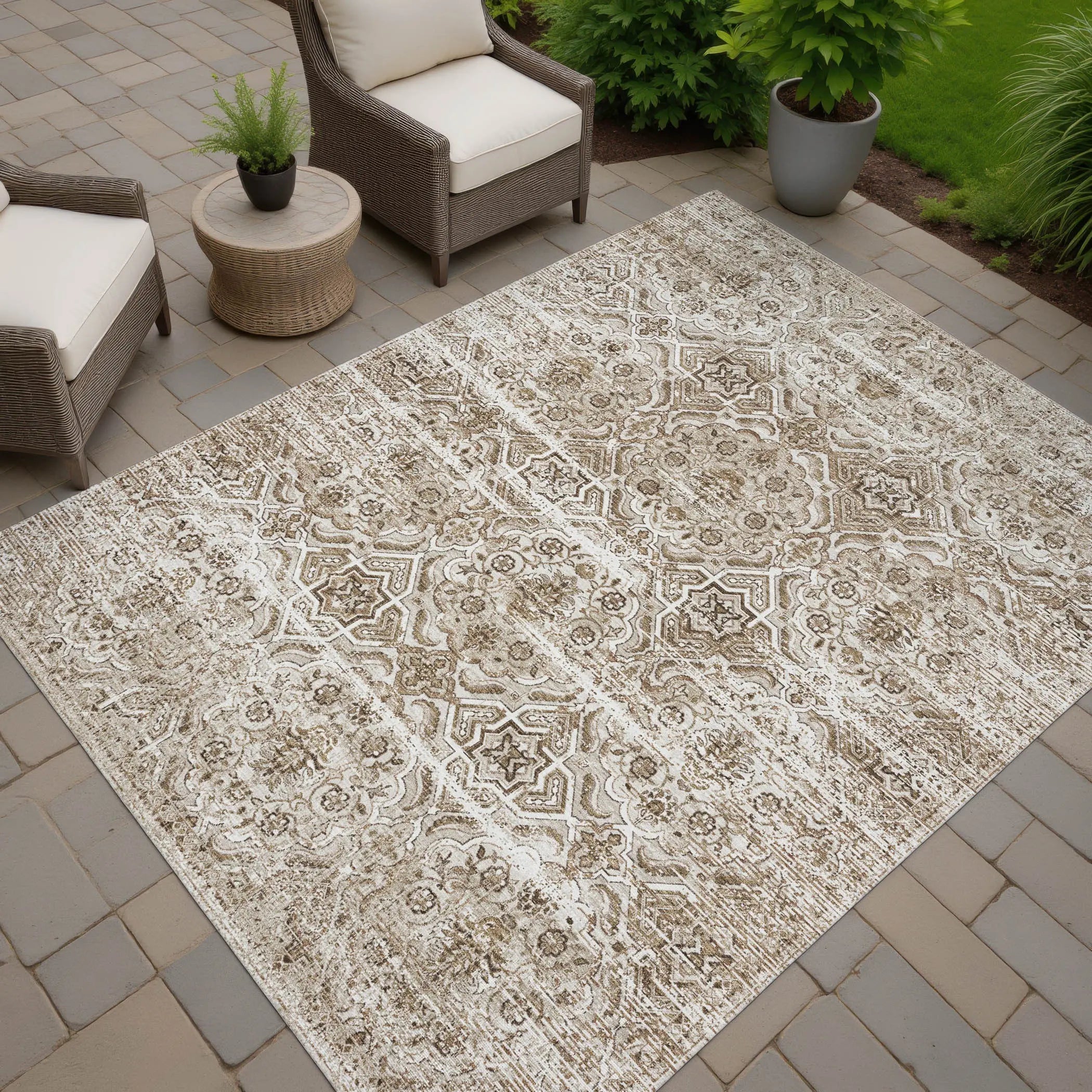 3' X 5' Beige And Brown Floral Washable Indoor Outdoor Area Rug Homeroots Outdoor