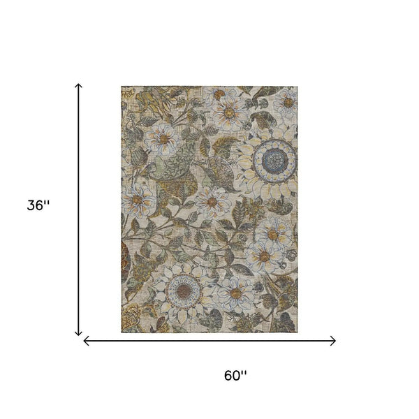 3' X 5' Beige And Brown Floral Washable Indoor Outdoor Area Rug Homeroots Outdoor