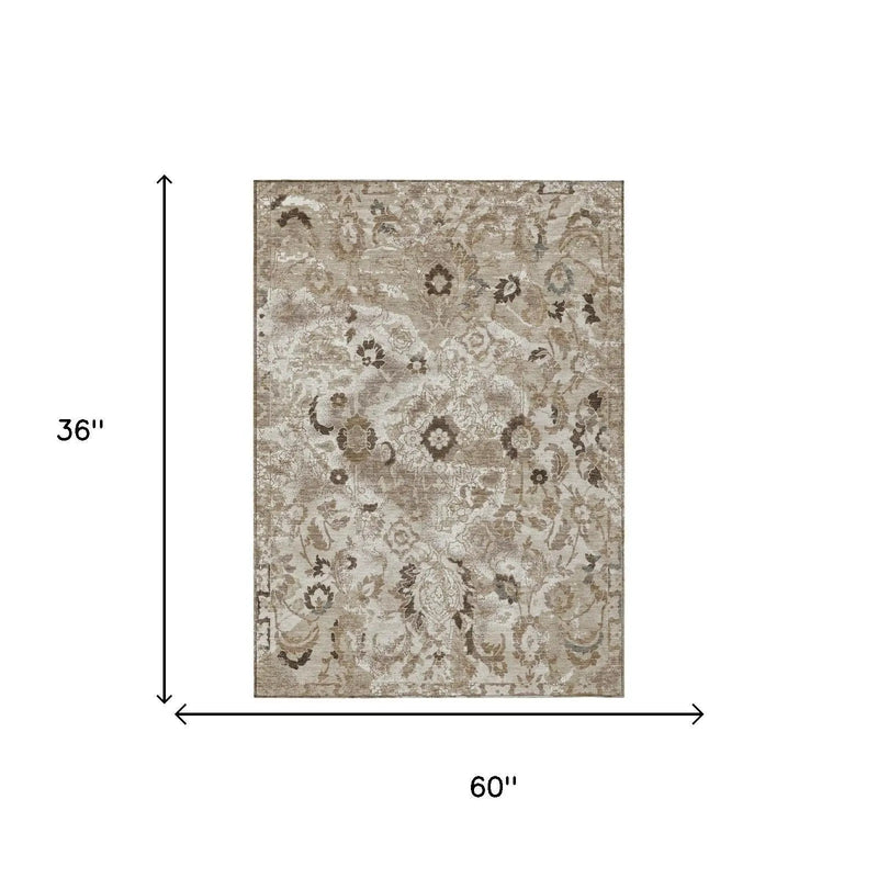 3' X 5' Beige And Brown Floral Washable Indoor Outdoor Area Rug Homeroots Outdoor