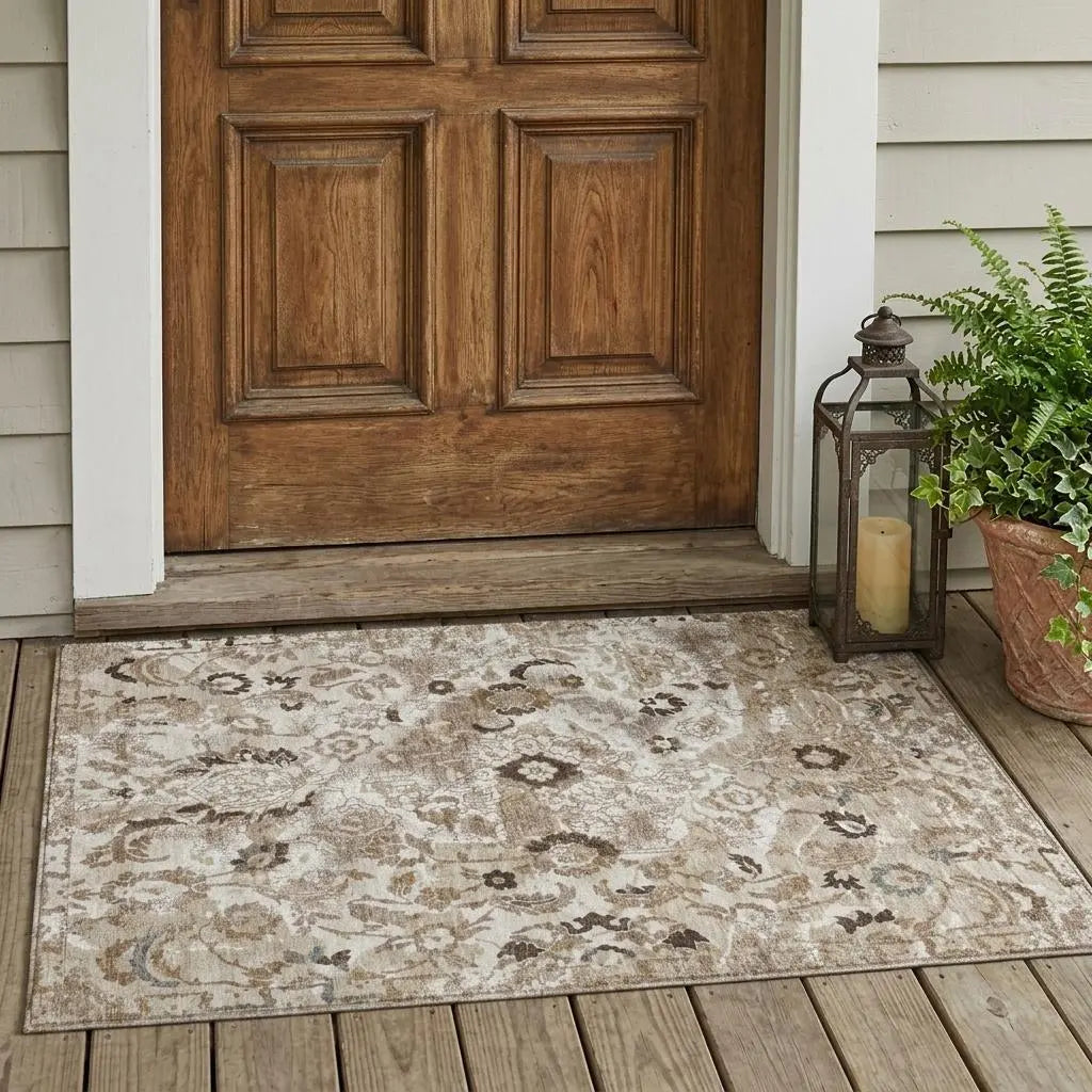 3' X 5' Beige And Brown Floral Washable Indoor Outdoor Area Rug Homeroots Outdoor