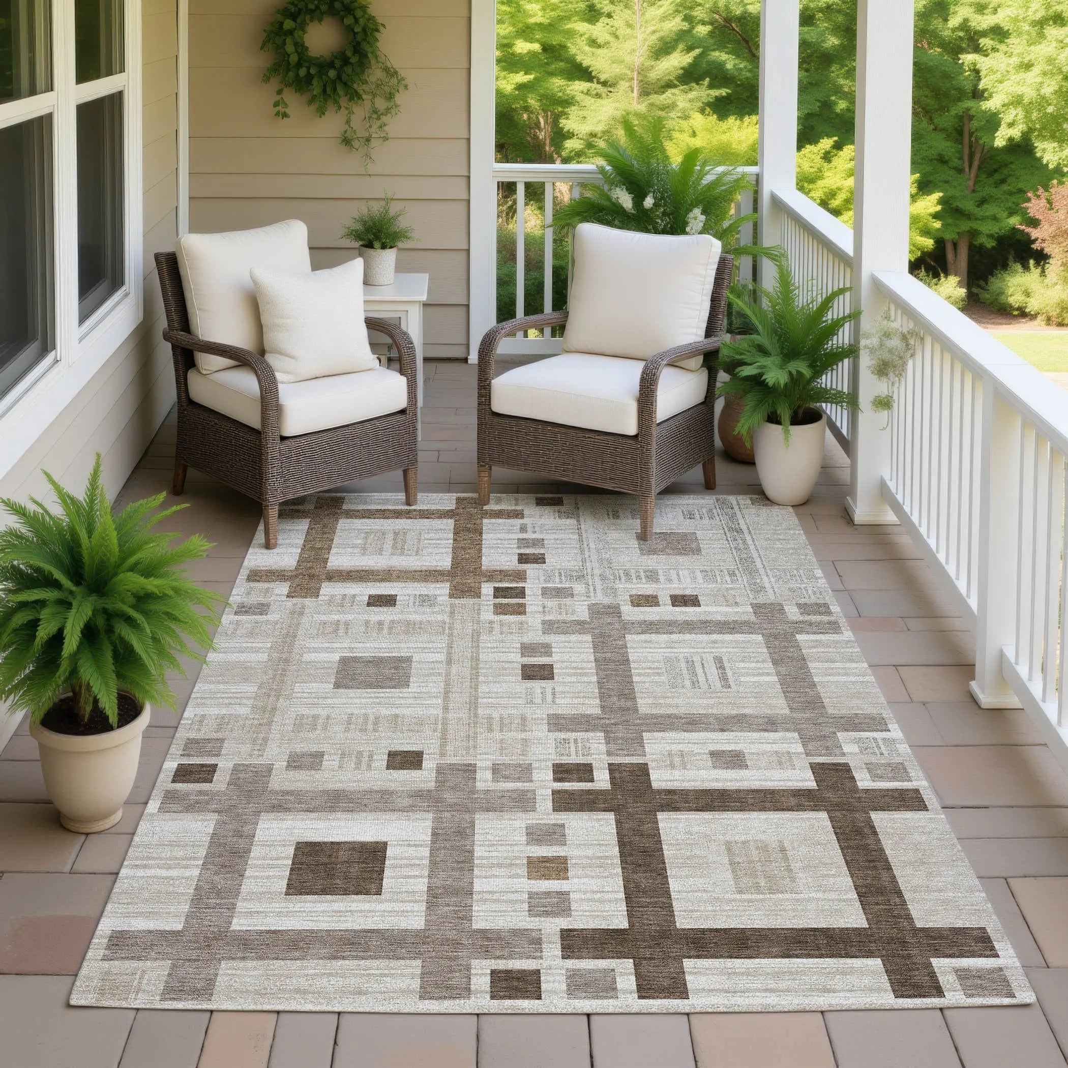 3' X 5' Beige And Brown Geometric Washable Indoor Outdoor Area Rug Homeroots Outdoor