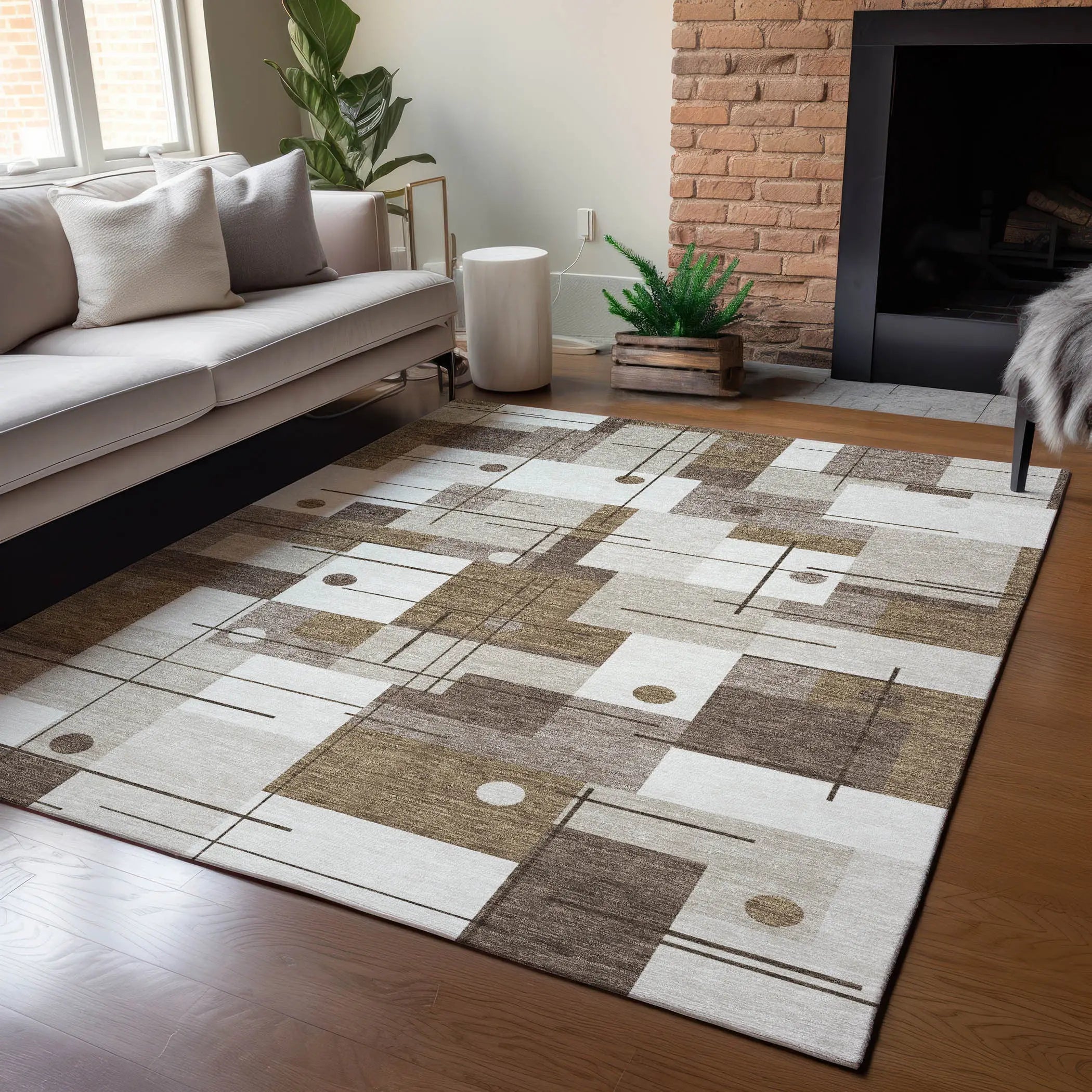 3' X 5' Beige And Brown Geometric Washable Indoor Outdoor Area Rug Homeroots Outdoor
