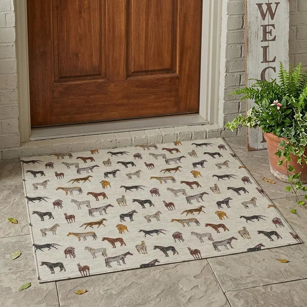 3' X 5' Beige And Brown Horse Washable Indoor Outdoor Area Rug Homeroots Outdoor