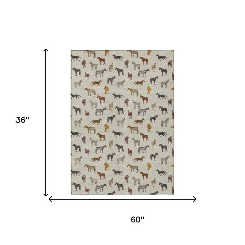 3' X 5' Beige And Brown Horse Washable Indoor Outdoor Area Rug Homeroots Outdoor
