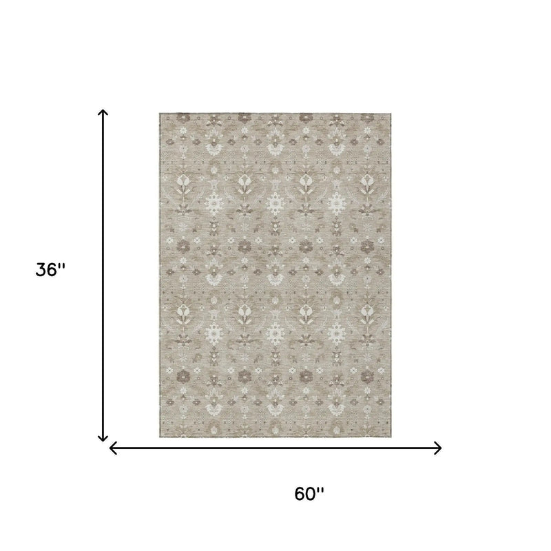3' X 5' Beige And Brown Oriental Washable Indoor Outdoor Area Rug Homeroots Outdoor