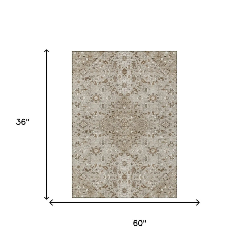 3' X 5' Beige And Graphite Medallion Washable Indoor Outdoor Area Rug Homeroots Outdoor