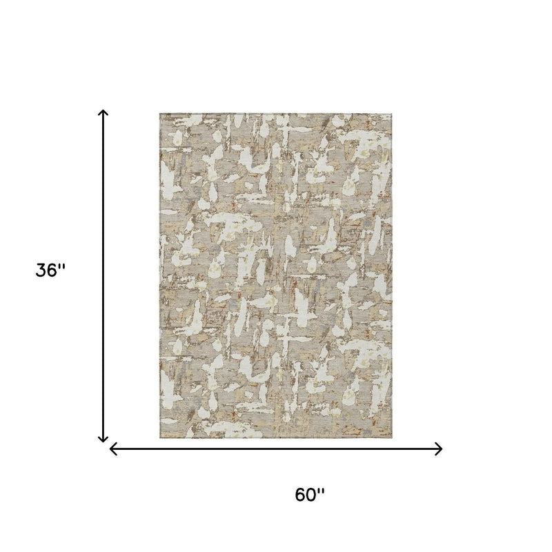 3' X 5' Beige And Gray Abstract Washable Indoor Outdoor Area Rug Homeroots Outdoor