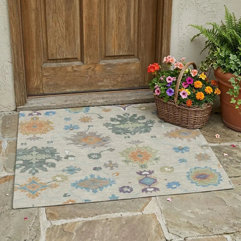 3' X 5' Beige And Green Oriental Washable Indoor Outdoor Area Rug Homeroots Outdoor