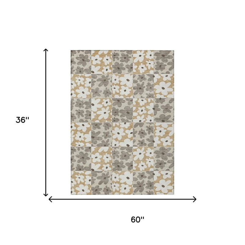 3' X 5' Beige And Ivory Floral Washable Indoor Outdoor Area Rug Homeroots Outdoor