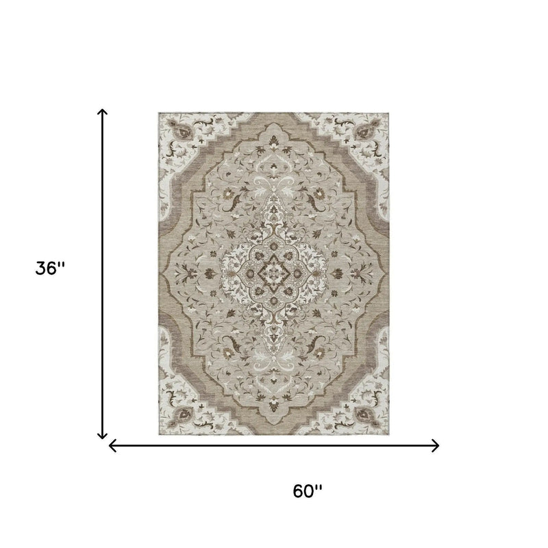 3' X 5' Beige And Taupe Medallion Washable Indoor Outdoor Area Rug Homeroots Outdoor