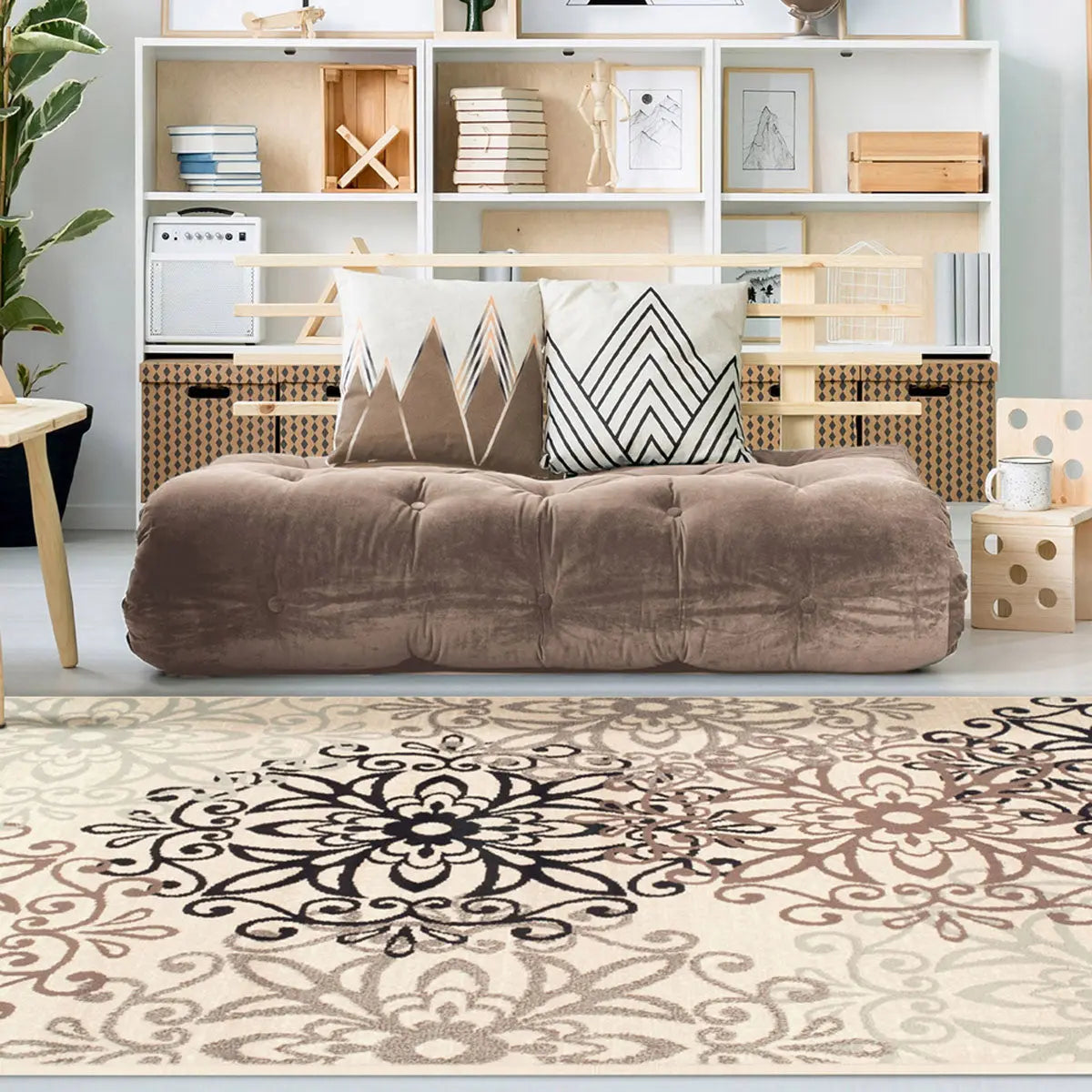 3' X 5' Beige Black And Brown Floral Medallion Area Rug Homeroots Home Decor