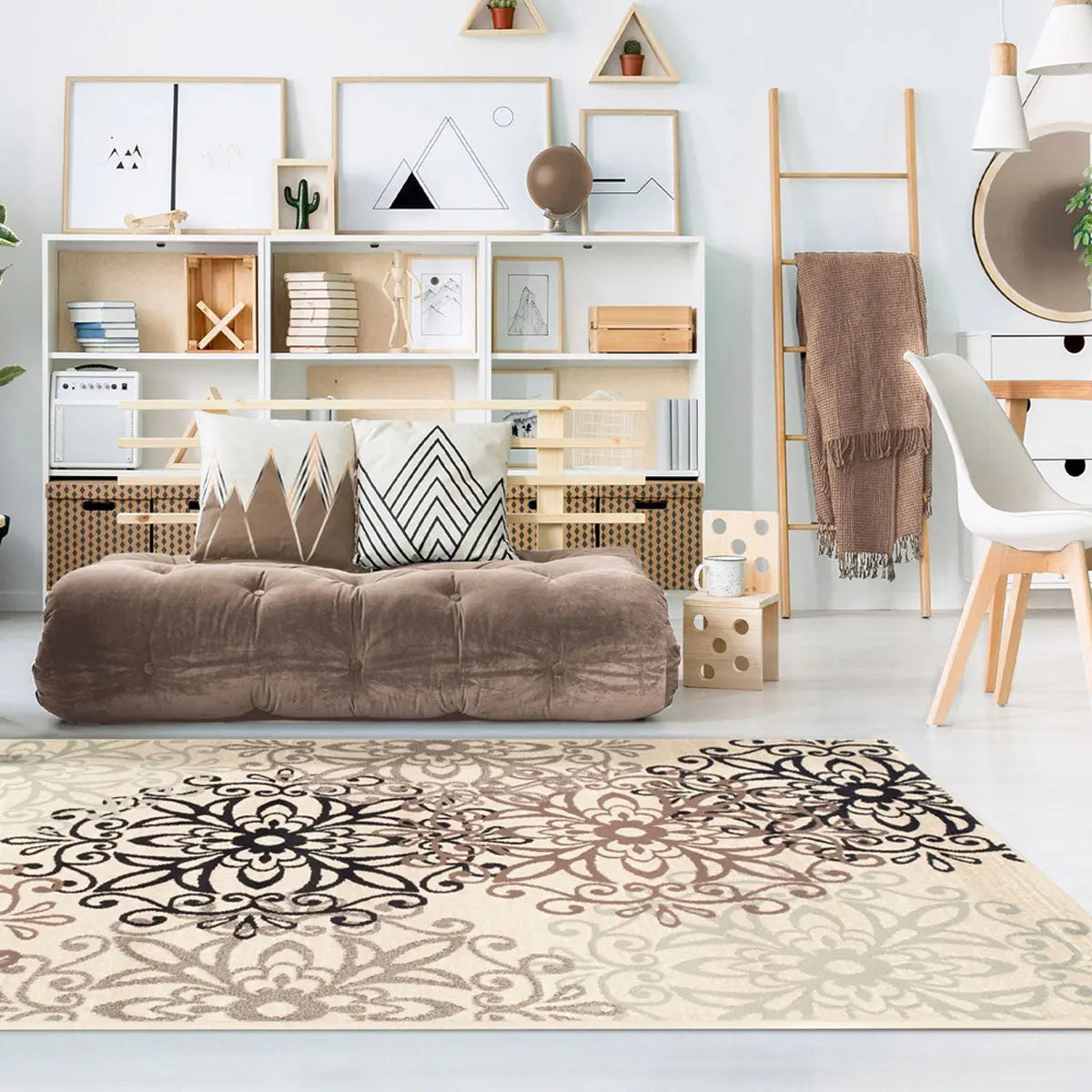 3' X 5' Beige Black And Brown Floral Medallion Area Rug Homeroots Home Decor