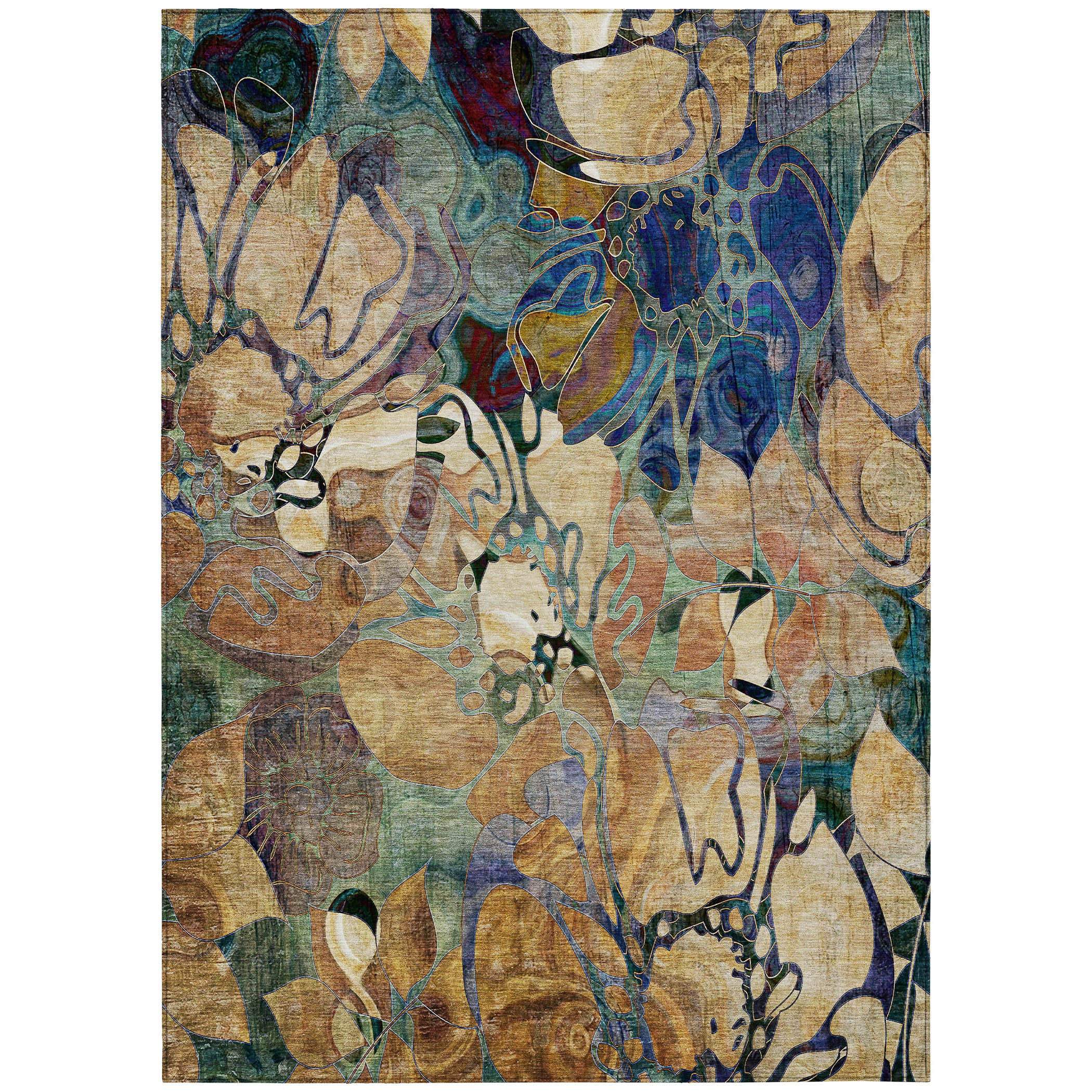 3' X 5' Beige and Blue Abstract Washable Indoor Outdoor Area Rug - GreatEagleInc