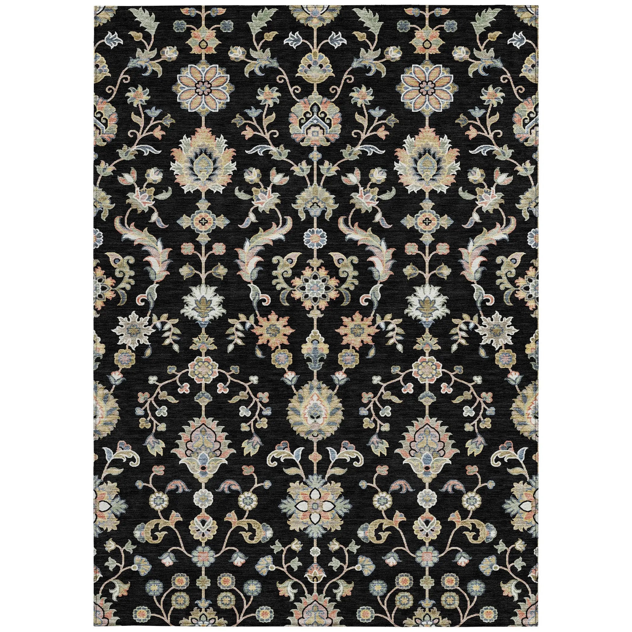 Black floral area rug with multicolored intricate patterns, made from durable synthetic fibers, suitable for modern decor.
