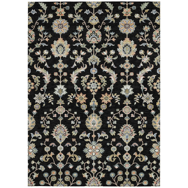 Black floral area rug with multicolored intricate patterns, made from durable synthetic fibers, suitable for modern decor.