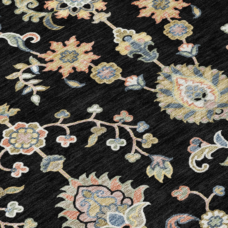 Black floral area rug with multicolored paisley patterns, designed in a lush, contemporary style.