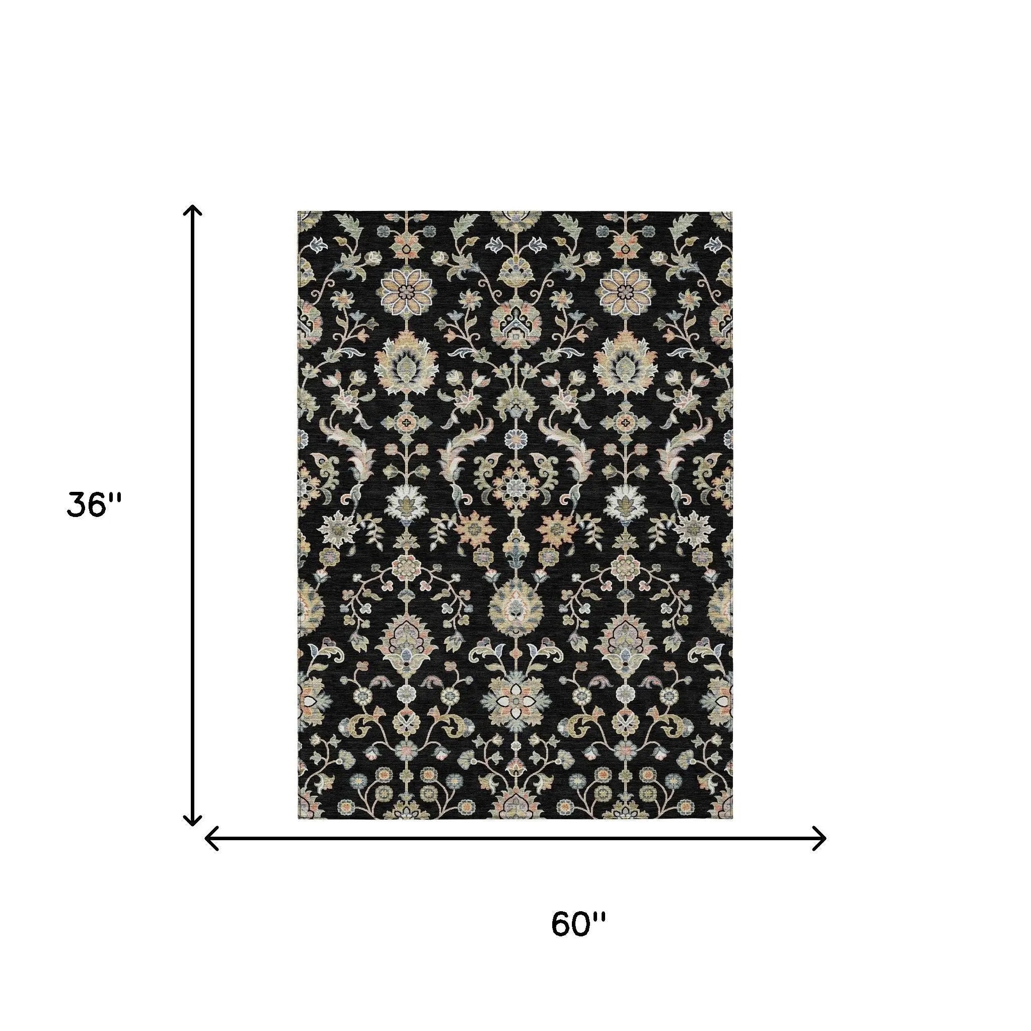 Black floral area rug, 60" x 36", intricate design with blue, cream, and gold accents, elegant for any decor.