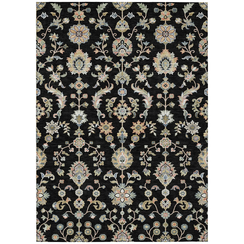 Black floral area rug featuring intricate multicolored patterns in soft, durable material. Perfect for stylish decor.