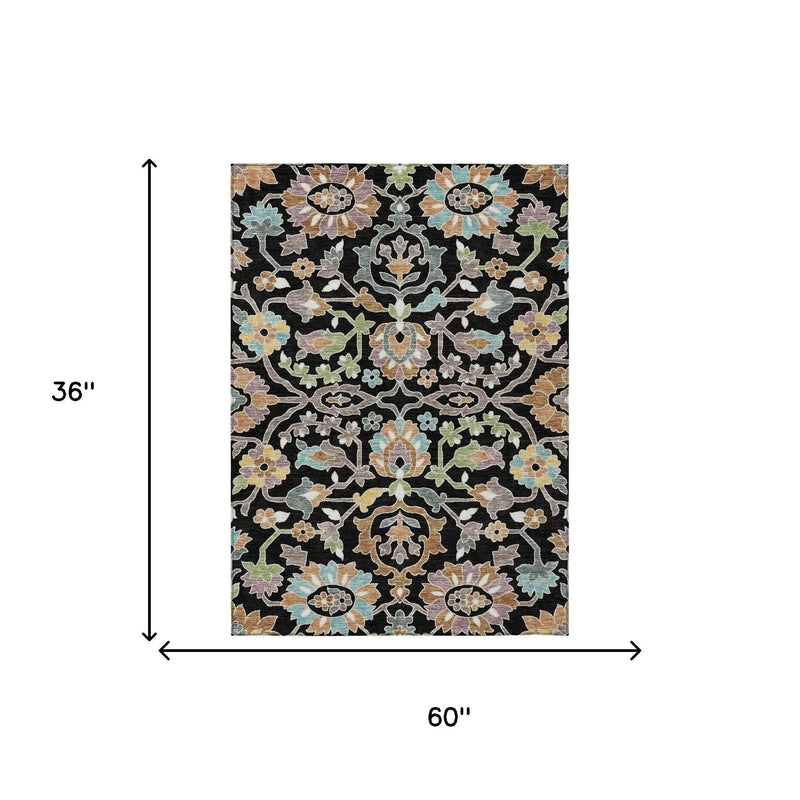 3' X 5' Black And Beige Floral Washable Indoor Outdoor Area Rug Homeroots Outdoor