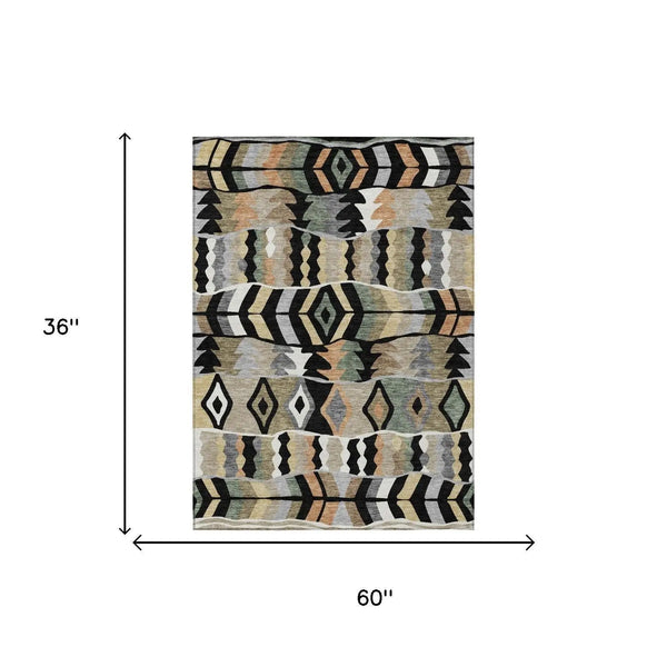 3' X 5' Black And Beige Geometric Washable Indoor Outdoor Area Rug Homeroots Outdoor