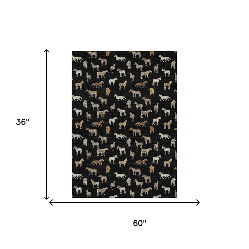 3' X 5' Black And Beige Horse Washable Indoor Outdoor Area Rug Homeroots Outdoor