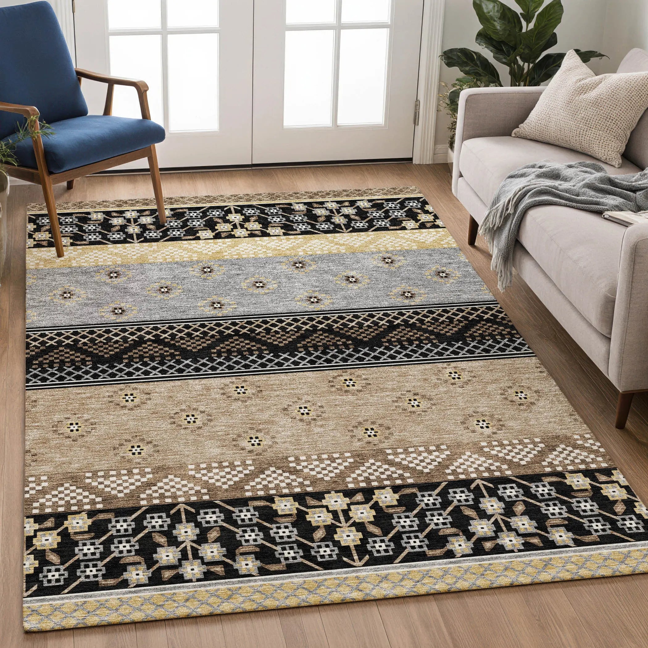 3' X 5' Black And Beige Striped Washable Indoor Outdoor Area Rug Homeroots Outdoor