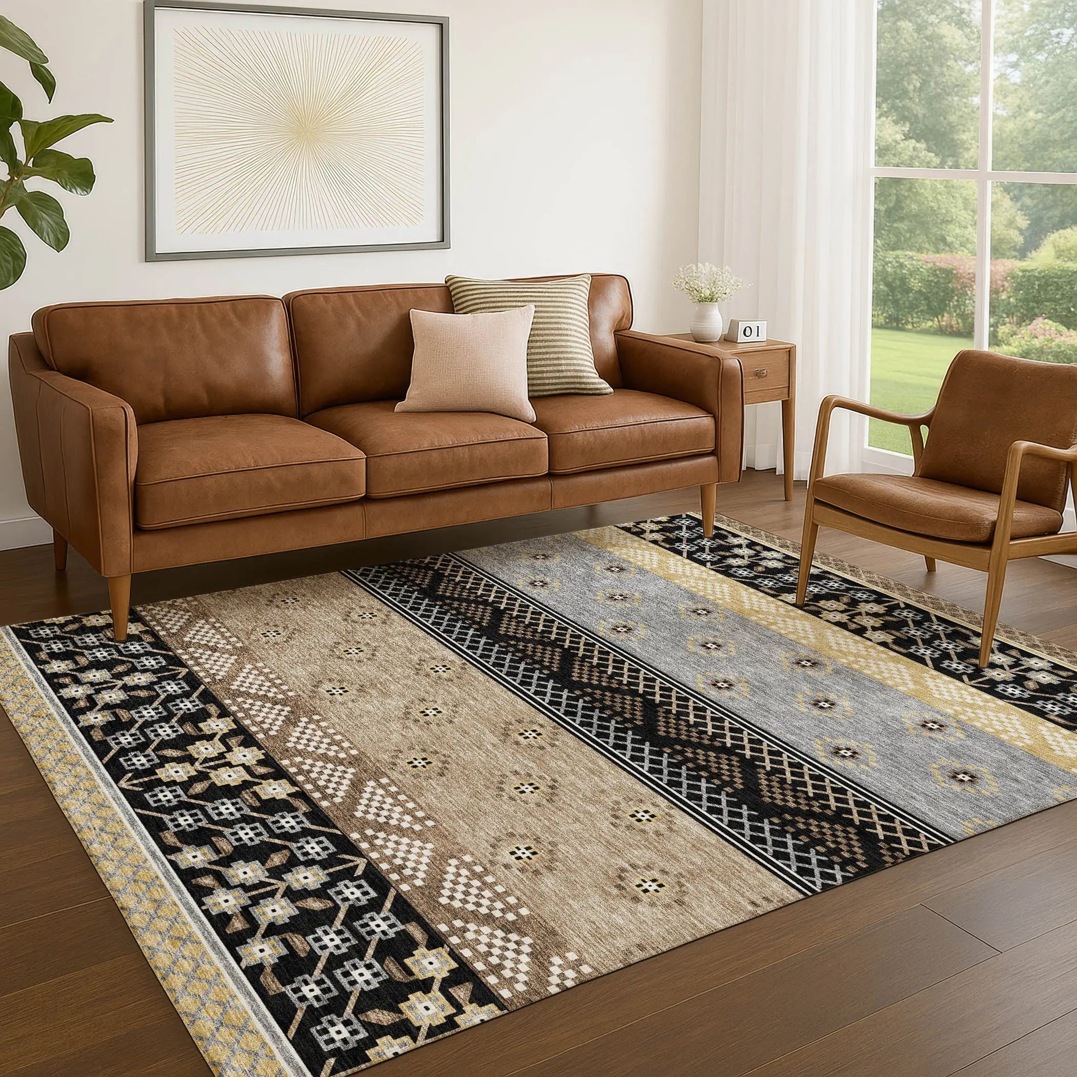 3' X 5' Black And Beige Striped Washable Indoor Outdoor Area Rug Homeroots Outdoor