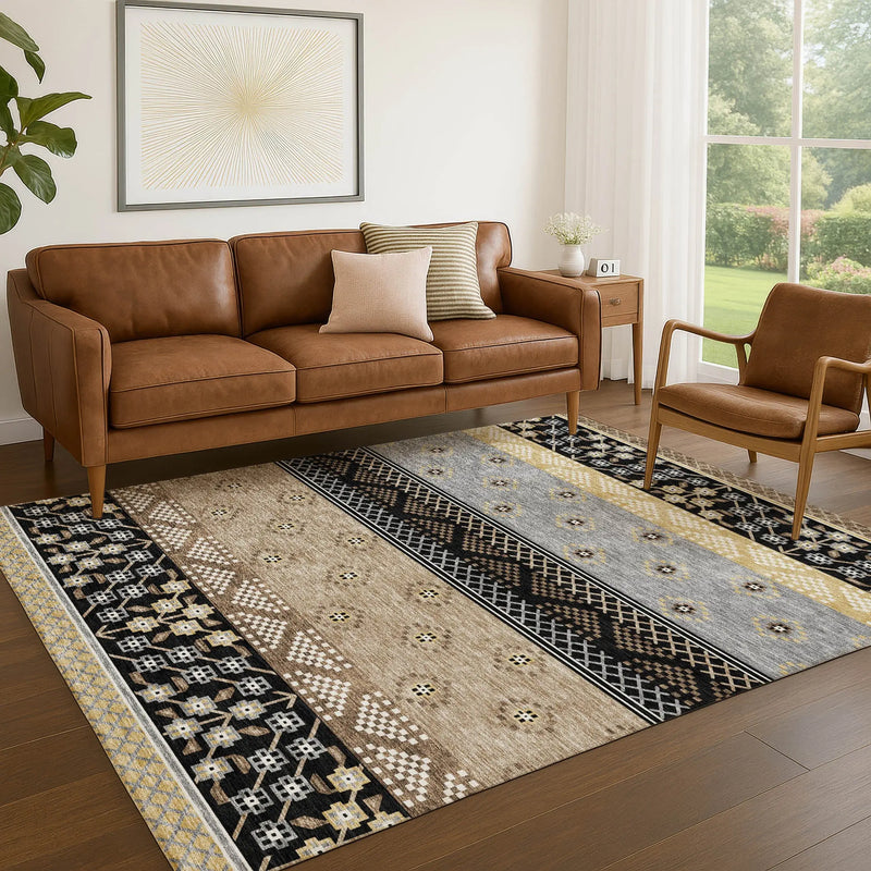 3' X 5' Black And Beige Striped Washable Indoor Outdoor Area Rug Homeroots Outdoor