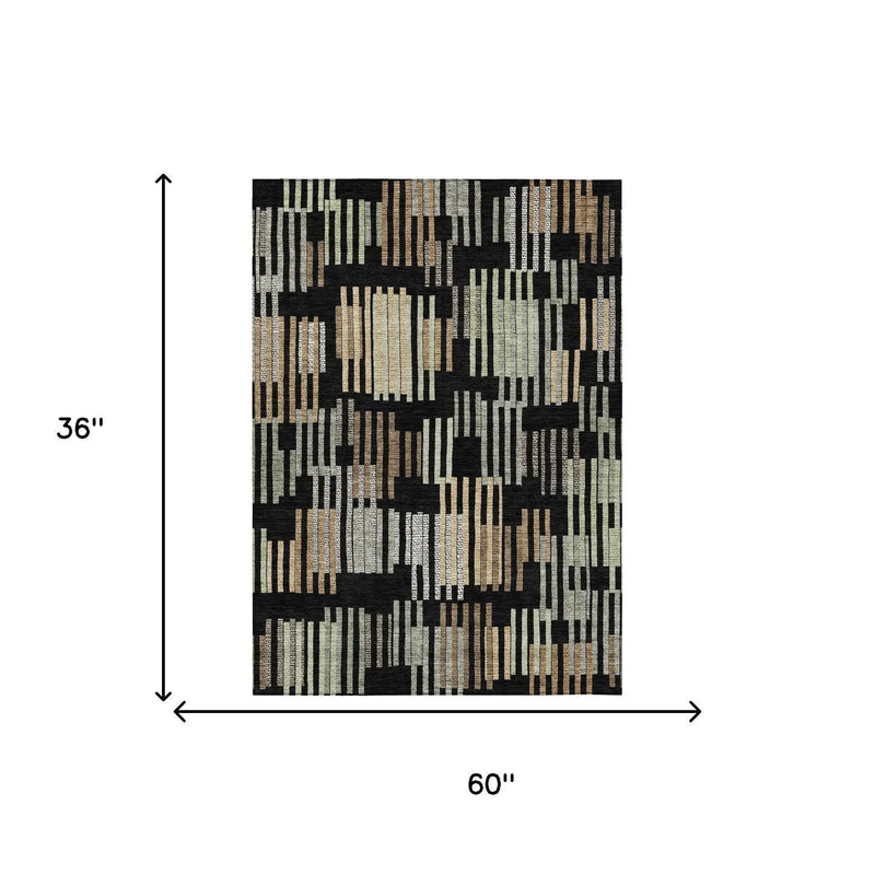 3' X 5' Black And Beige Striped Washable Indoor Outdoor Area Rug Homeroots Outdoor