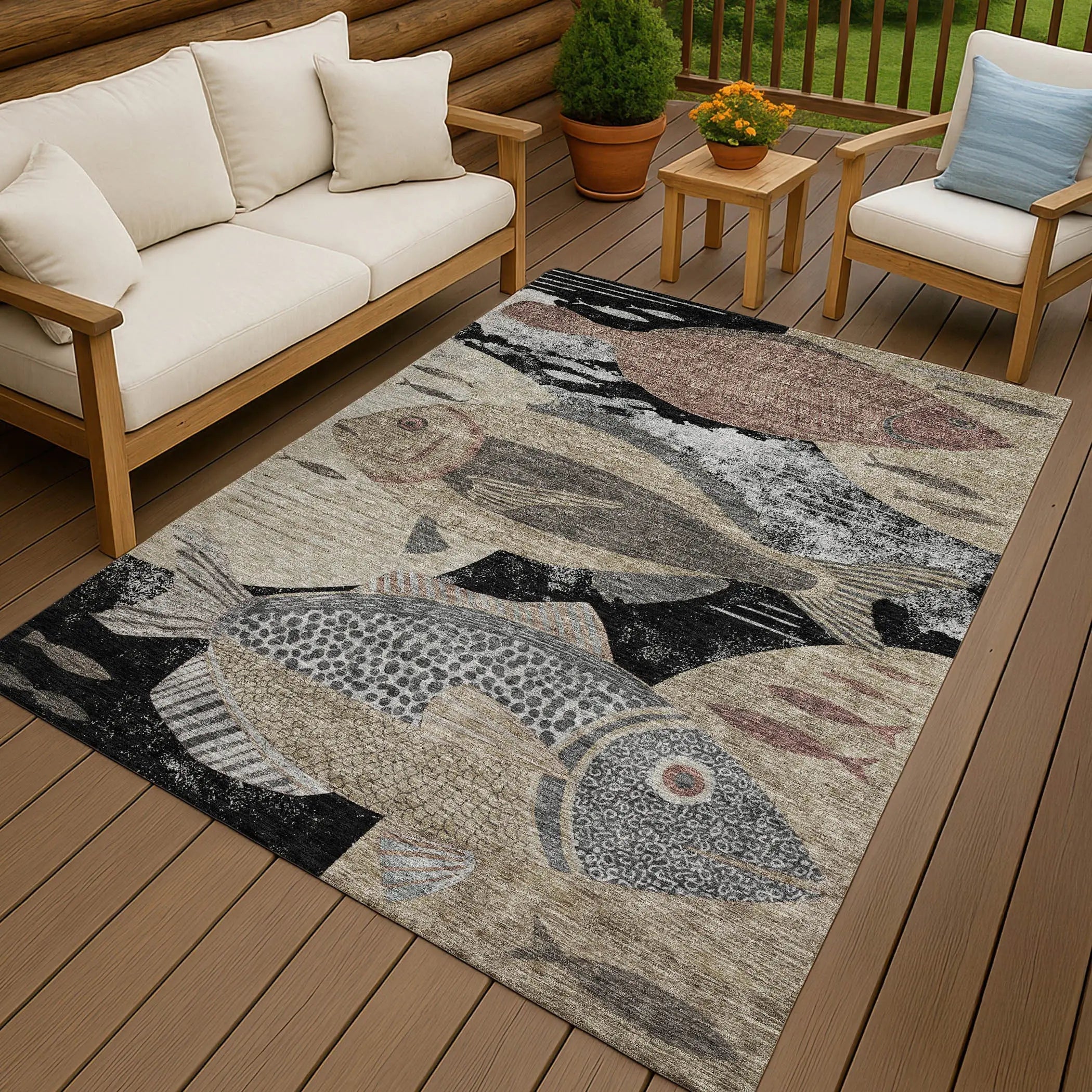 3' X 5' Black And Beige Tropical Fish Washable Indoor Outdoor Area Rug Homeroots Outdoor