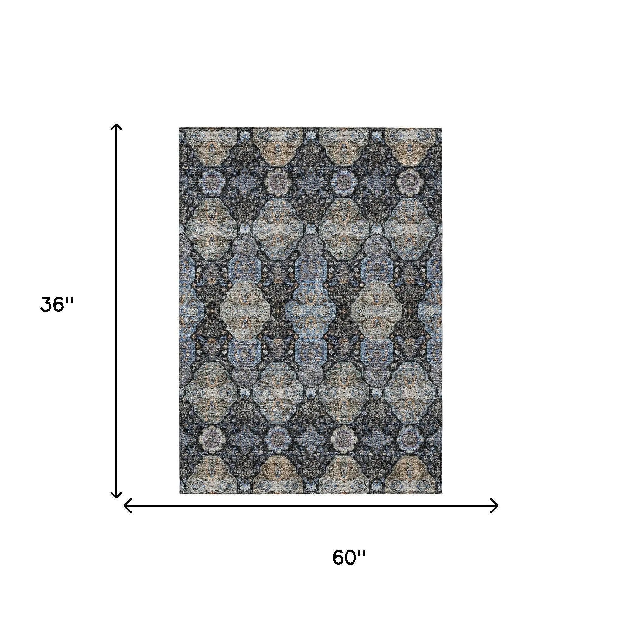 3' X 5' Black And Blue Floral Washable Indoor Outdoor Area Rug Homeroots Outdoor