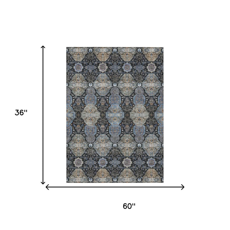 3' X 5' Black And Blue Floral Washable Indoor Outdoor Area Rug Homeroots Outdoor
