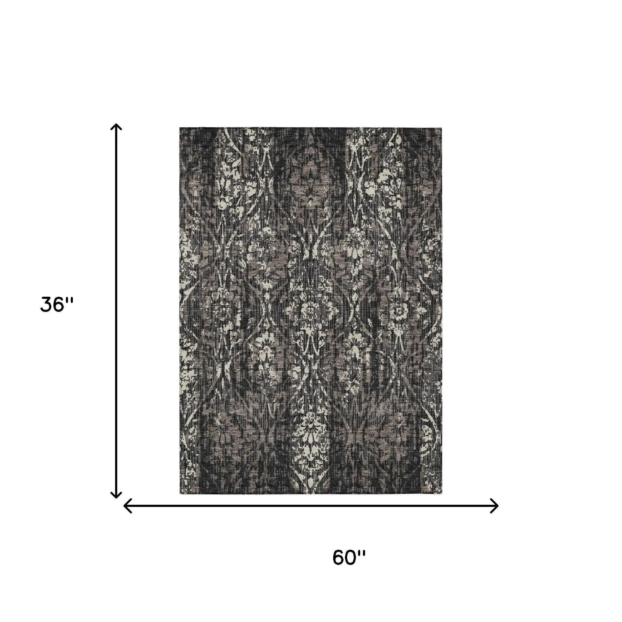 3' X 5' Black And Charcoal Damask Washable Indoor Outdoor Area Rug Homeroots Outdoor